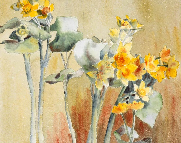 Hannah Borger Overbeck Gelb-orange Blüte ohne Rand Kunstkopie, gelbe Blüten und grüne Blätter vor ockerfarbenem Grund