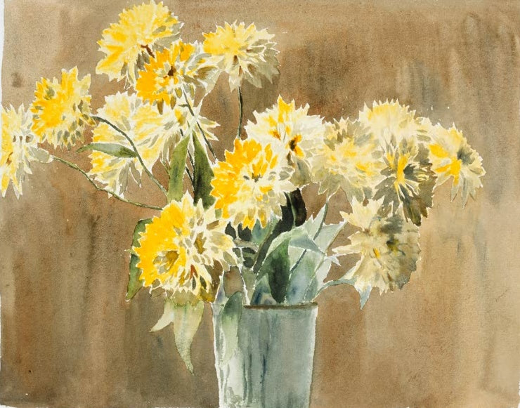 Hannah Borger Overbeck Vase mit gelben Blüten Kunstkopie, gelbe Blumen in grauer Vase vor braun getöntem Grund