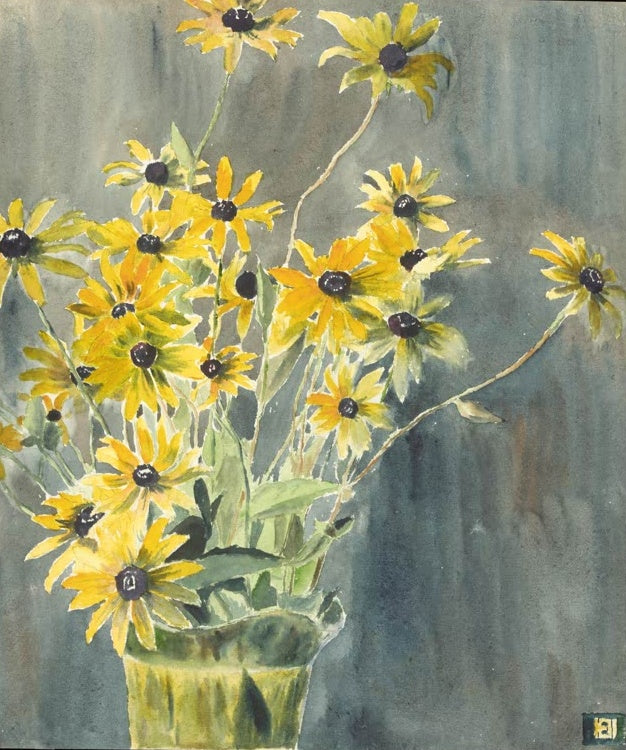 Hannah Borger Overbeck Vase mit Rudbeckien Kunstkopie, gelbe Blüten mit dunkler Mitte in grünlicher Vase vor grauem Grund