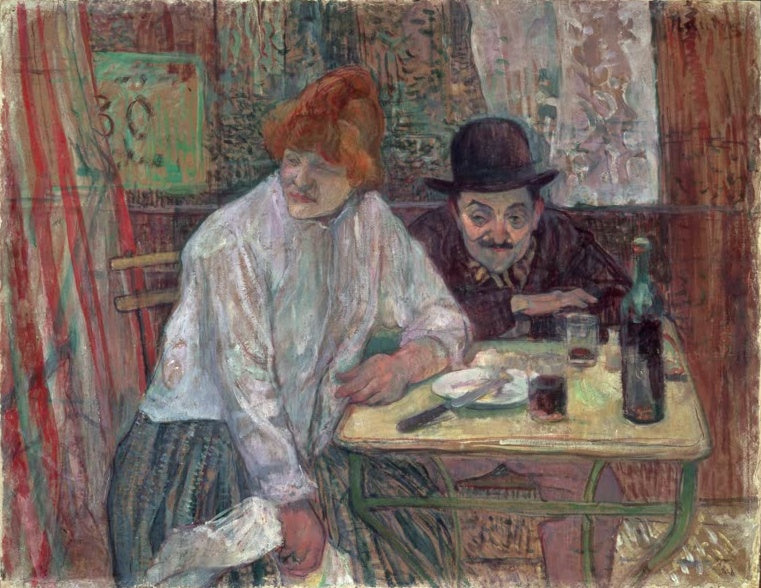 Henri de Toulouse-Lautrec À la Mie Kunstkopie, rothaarige Frau und Mann mit Melone am Tisch mit Weinflasche und Gläsern