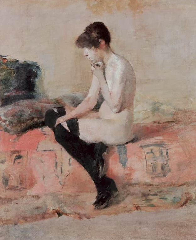 Henri de Toulouse-Lautrec Aktstudie sitzende Frau auf einem Diwan Kunstkopie, Frau mit schwarzen Strümpfen auf rosa Diwan