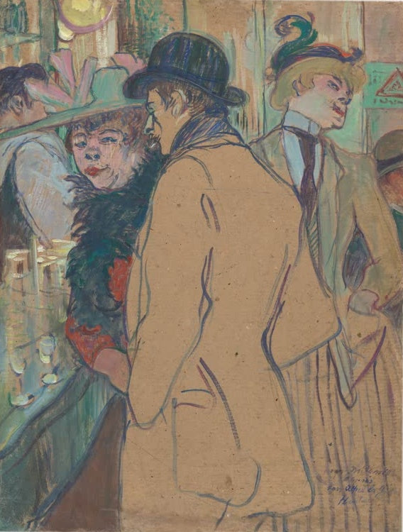 Henri de Toulouse-Lautrec Alfred la Guigne Kunstkopie, Mann mit Melone im braunen Mantel an der Bar neben zwei Frauen