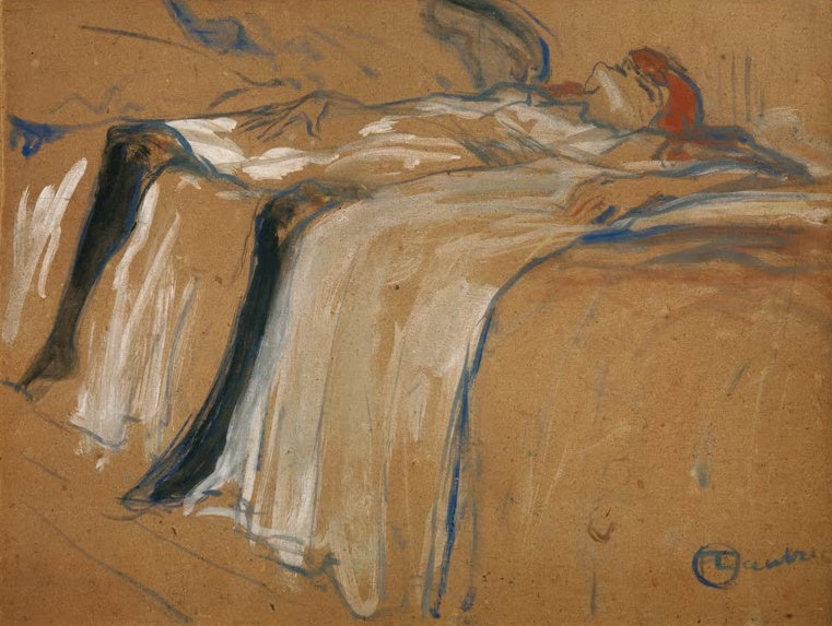Henri de Toulouse-Lautrec Seule Kunstkopie, erschöpft auf einem Bett liegende Frau mit Strümpfen und rotem Haar