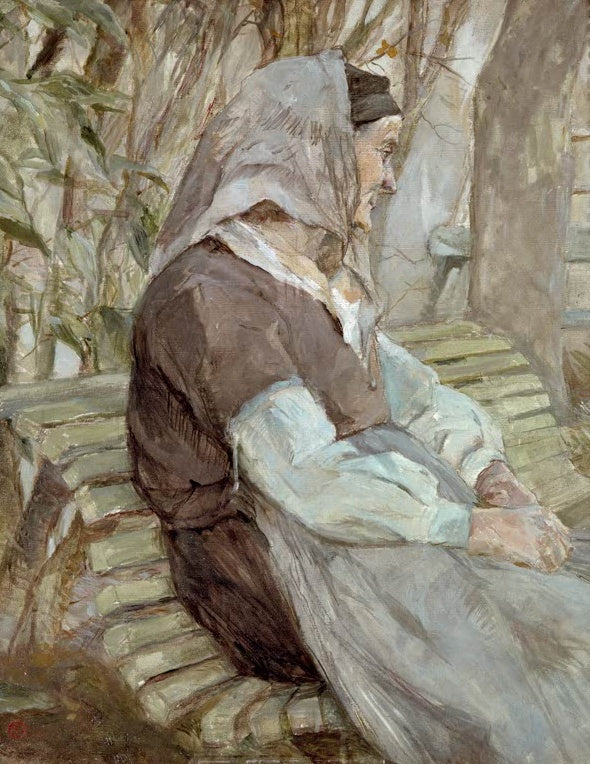 Henri de Toulouse-Lautrec Alte Frau auf einer Bank in Céleyran Kunstkopie, Frau mit Kopftuch und gefalteten Händen im Garten