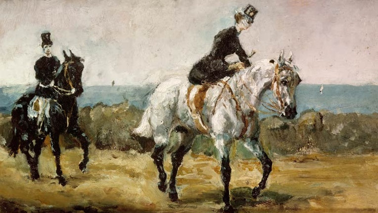 Henri de Toulouse-Lautrec Amazone, gefolgt von ihrem Reitknecht Kunstkopie, zwei Reiter vor dem Meer