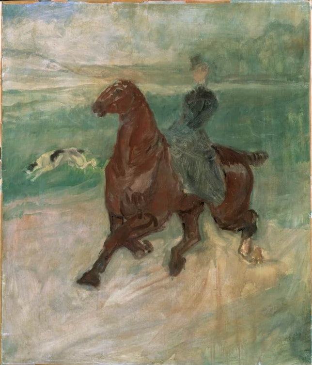 Henri de Toulouse-Lautrec Amazone mit Windhund Kunstkopie, Reiterin auf braunem Pferd neben einem laufenden Hund