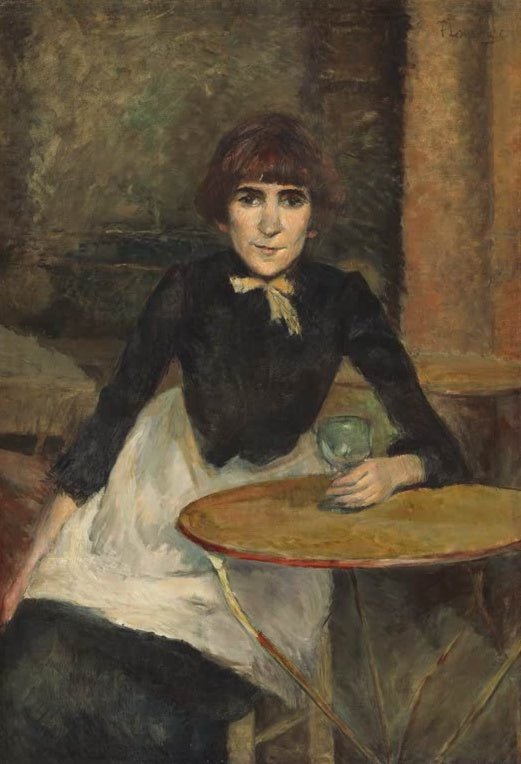 Henri de Toulouse-Lautrec An der Bastille Kunstkopie, junge Frau in dunkler Bluse mit Glas an einem runden Café-Tisch