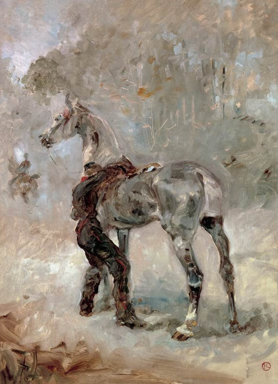 Henri de Toulouse-Lautrec Artillerist beim Satteln seines Pferdes Kunstkopie, Soldat am grauen Pferd in dunstigem Licht