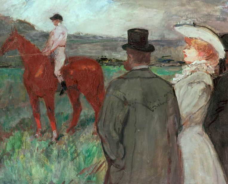 Henri de Toulouse-Lautrec Beim Pferderennen Kunstkopie, Jockey auf braunem Pferd, davor Herr mit Zylinder und Dame