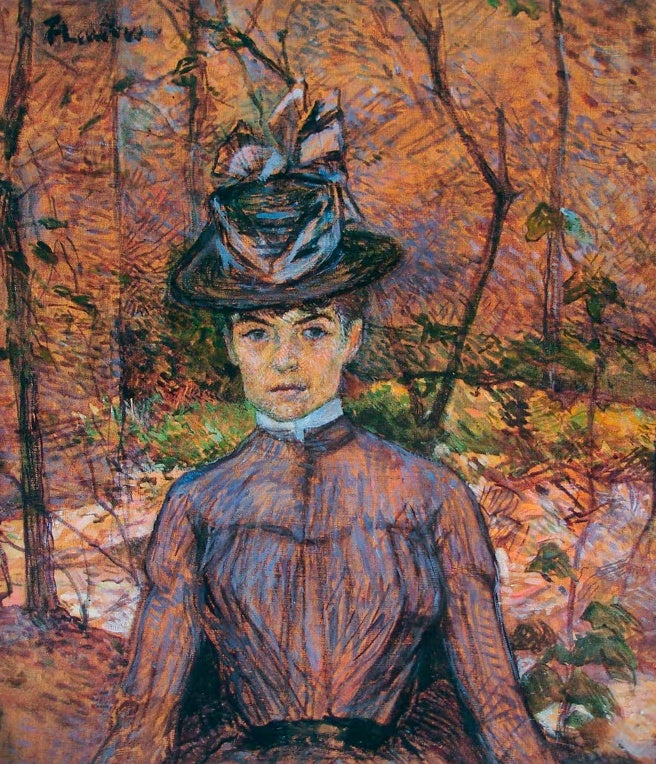 Henri de Toulouse-Lautrec Bildnis Suzanne Valadon Kunstkopie, junge Frau mit Hut und Stehkragen vor herbstlichem Gehölz