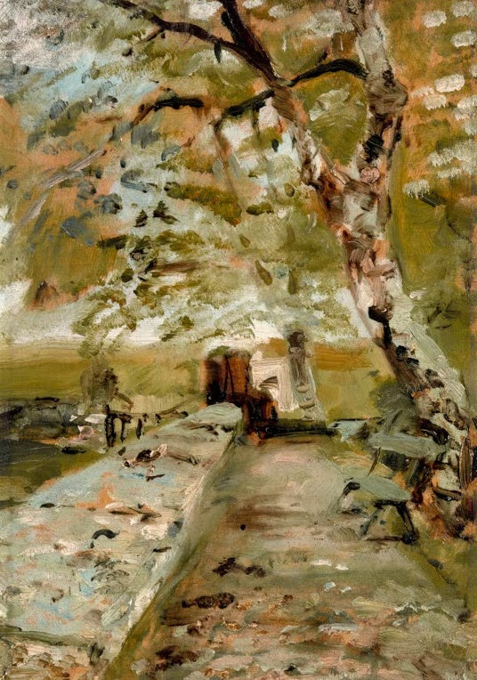 Henri de Toulouse-Lautrec Château du Bosc, die Terrasse Kunstkopie, Schlossterrasse unter einem Baum in Grün und Ocker