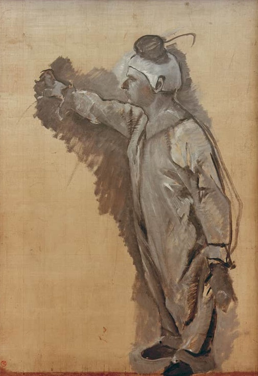 Henri de Toulouse-Lautrec Clown Kunstkopie, monochrome Ölstudie eines Clowns im Profil mit ausgestrecktem Arm