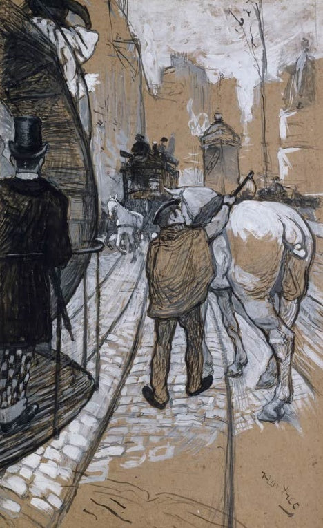 Henri de Toulouse-Lautrec Vorspannpferd der Omnibus-Gesellschaft Kunstkopie, Pferdeknecht führt weißes Pferd durch die Straße