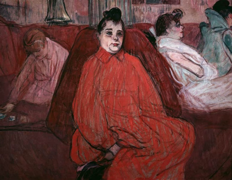Henri de Toulouse-Lautrec Der Divan Kunstkopie, Frau in rotem Kleid auf rotem Sofa im Salon