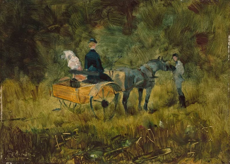 Henri de Toulouse-Lautrec Der Einspänner Kunstkopie, Pferd mit leichtem Wagen und zwei Figuren vor dichtem grünem Gehölz