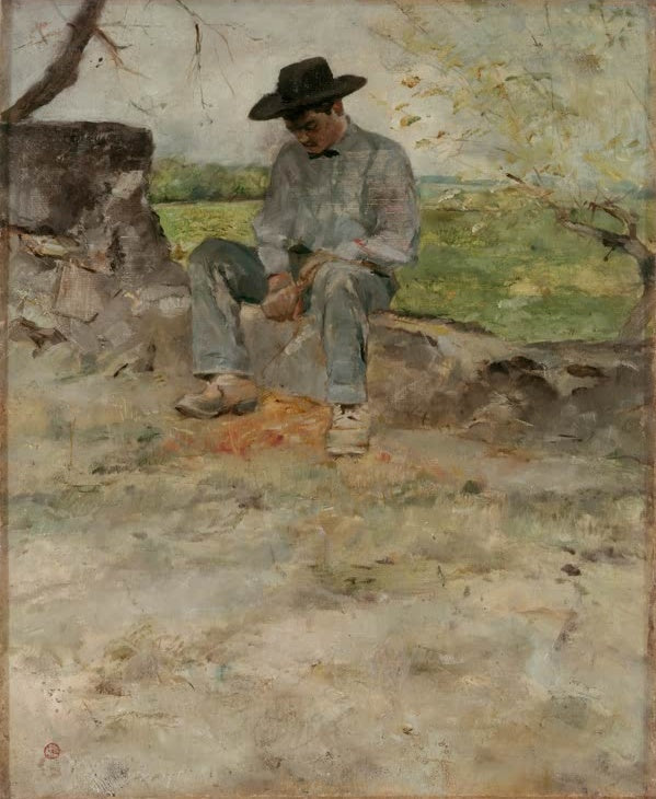 Henri de Toulouse-Lautrec Der junge Routy Kunstkopie, junger Mann mit schwarzem Hut sitzt auf einer Mauer im Freien
