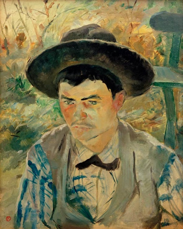 Henri de Toulouse-Lautrec Der junge Routy Kunstkopie, junger Mann mit breitem Hut vor sonnigem Laub und grüner Bank