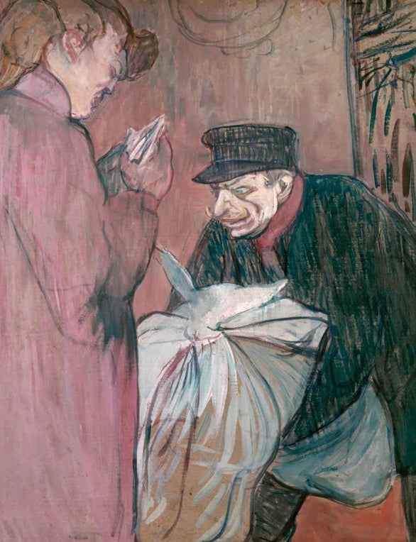 Henri de Toulouse-Lautrec Der Wäscher des Hauses Kunstkopie, Mann mit Wäschebündel und Frau in rosa Gewand
