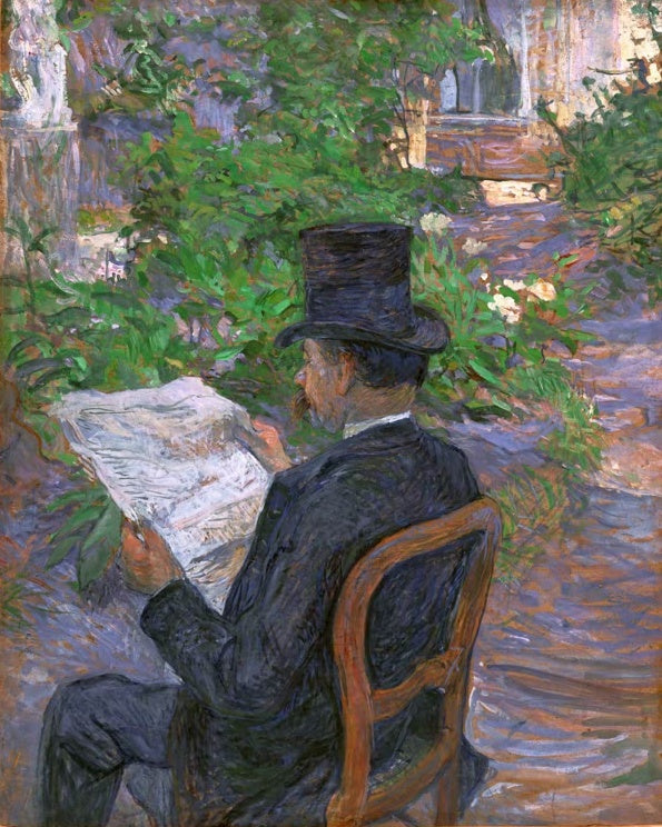 Henri de Toulouse-Lautrec Désiré Dihau Kunstkopie, Herr mit Zylinder liest im sonnigen Garten Zeitung auf einem Holzstuhl