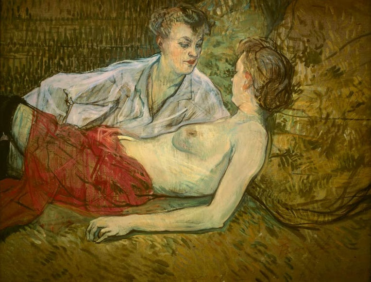 Henri de Toulouse-Lautrec Die beiden Freundinnen Kunstkopie, zwei Frauen im Gespräch vor ockerfarbenem Grund