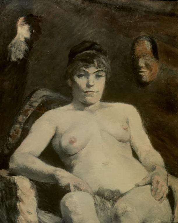 Henri de Toulouse-Lautrec Die dicke Marie Kunstkopie, sitzendes Modell im Halbakt vor dunklem Grund mit Maske