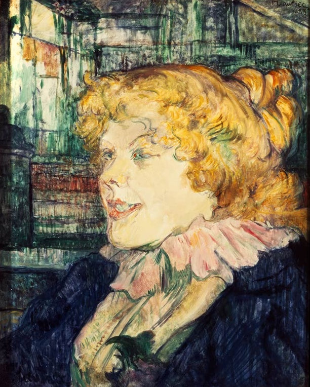 Henri de Toulouse-Lautrec Die Engländerin im Star Kunstkopie, lächelnde Frau mit rotblondem Haar und rosa Rüschenkragen