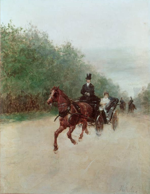 Henri de Toulouse-Lautrec Die Kalesche Kunstkopie, Fuchs vor einer Kutsche mit Kutscher auf einer Allee im Nebel