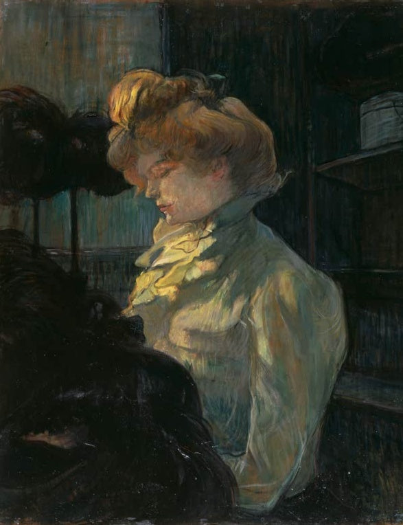 Henri de Toulouse-Lautrec Die Modistin Kunstkopie, rothaarige Frau mit gesenktem Blick in heller Rüschenbluse im Hutgeschäft
