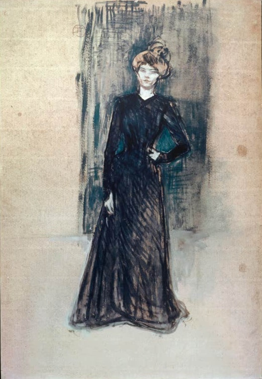 Henri de Toulouse-Lautrec Die Modistin Kunstkopie, stehende Frau im langen dunklen Kleid, Hand in der Hüfte, vor hellem Grund