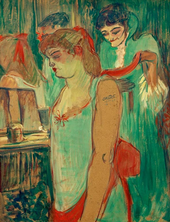 Henri de Toulouse-Lautrec Die tätowierte Frau Kunstkopie, Frau im Unterkleid mit Tätowierung am Arm vor grünem Grund