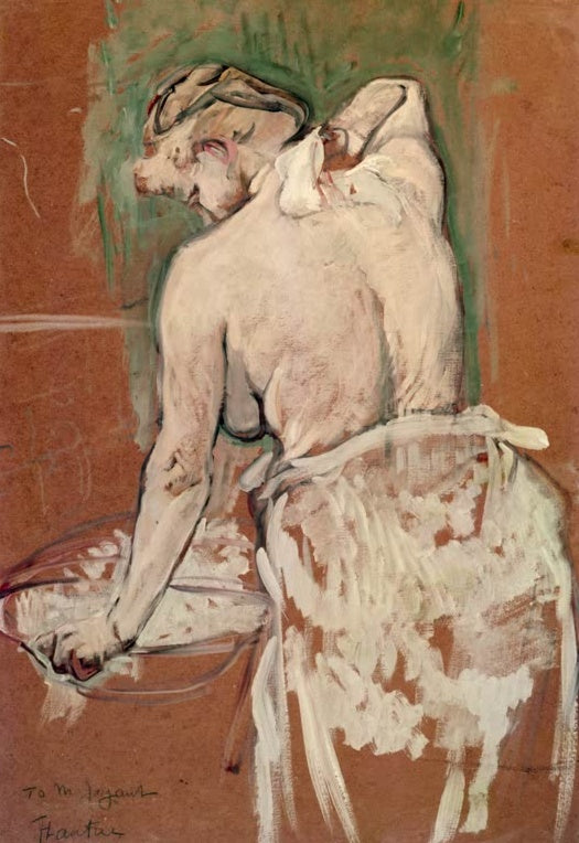 Henri de Toulouse-Lautrec Die Toilette Kunstkopie, Frau von hinten über einer Waschschüssel vor braunem Grund