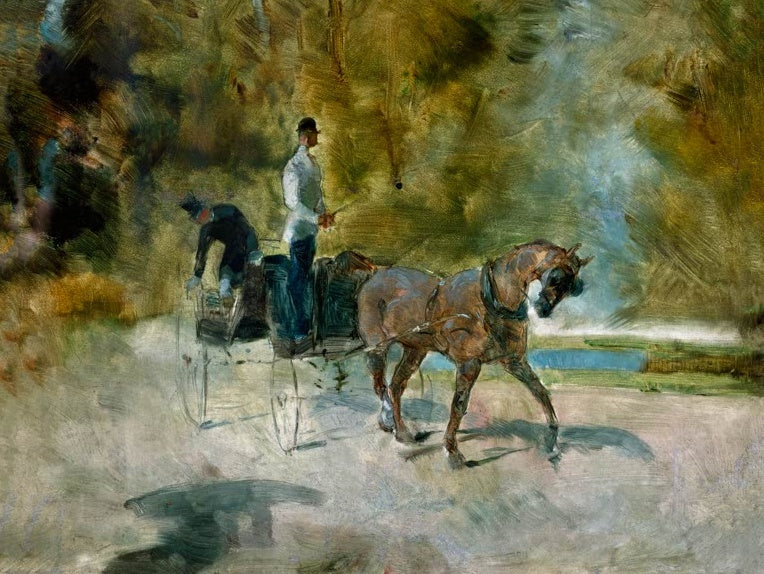 Henri de Toulouse-Lautrec Ein Dogcart Kunstkopie, Pferdewagen mit Kutscher und Diener auf einem Parkweg im gedämpften Licht