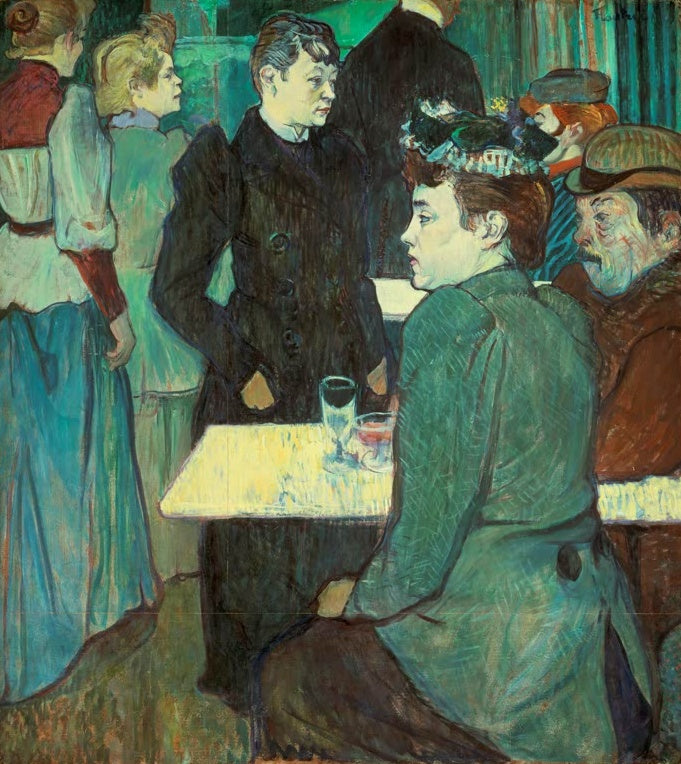 Henri de Toulouse-Lautrec Eine Ecke im Moulin de la Galette Kunstkopie, Gäste an einem hellen Tisch in grünen Tönen