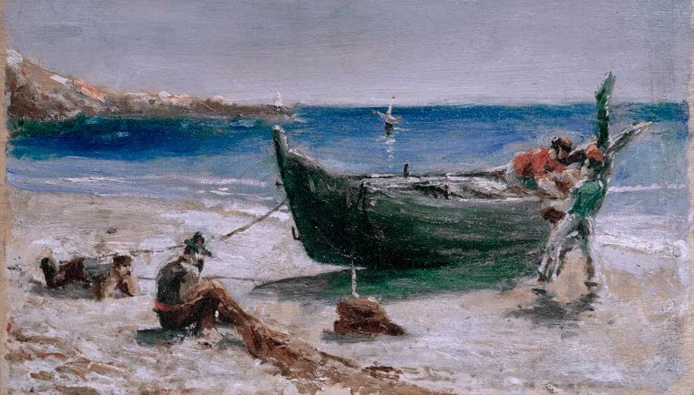 Henri de Toulouse-Lautrec Fischerboot Kunstkopie, grünes Boot auf dem Strand mit Fischern vor blauem Meer