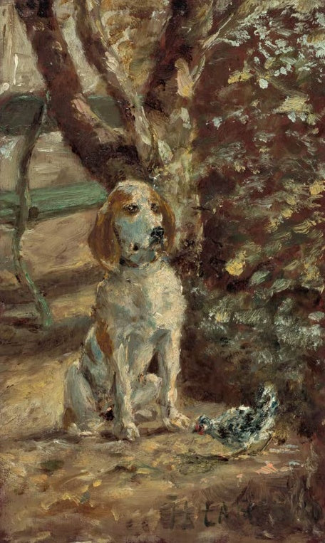 Henri de Toulouse-Lautrec Flèche Kunstkopie, sitzender Jagdhund im Schatten eines Baumes mit einem Huhn im Vordergrund