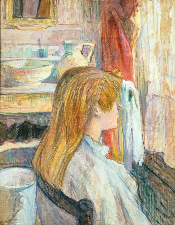 Henri de Toulouse-Lautrec Frau an ihrem Fenster Kunstkopie, Frau mit langem rotblondem Haar am Fenster vor Waschgeschirr