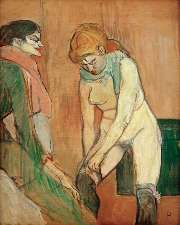 Henri de Toulouse-Lautrec Frau beim Anziehen des Strumpfs Kunstkopie, junge Frau im Zimmer mit zweiter Figur
