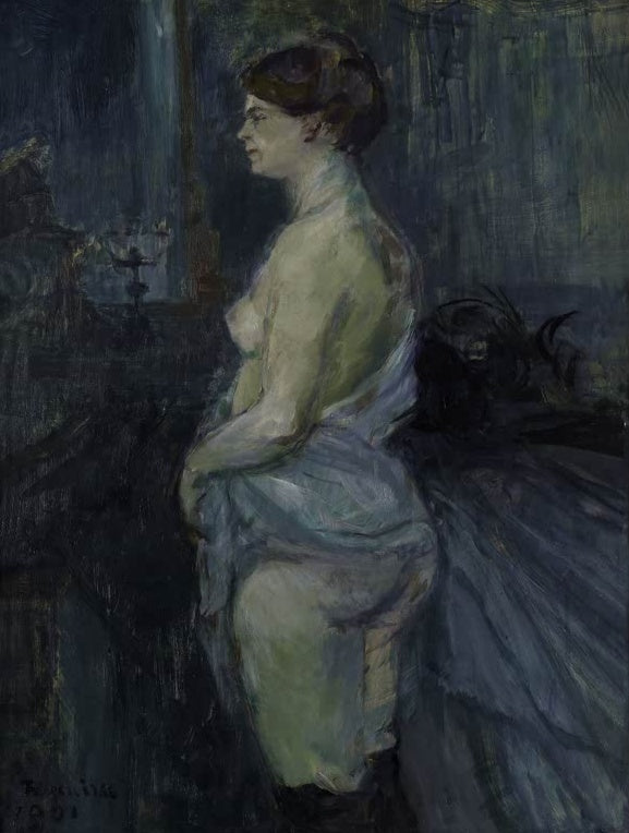 Henri de Toulouse-Lautrec Frau ihr Hemd hochhebend Kunstkopie, Halbakt einer Frau im Profil in bläulich-dunklem Raum