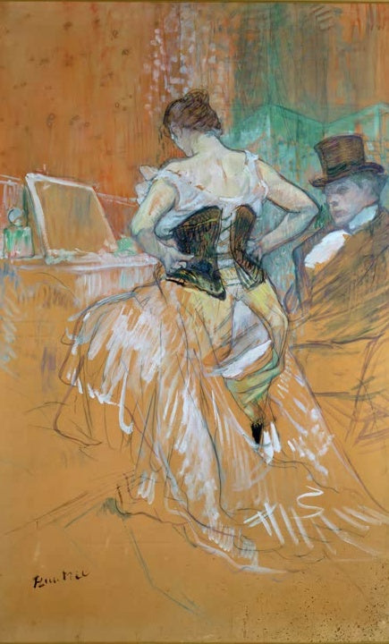 Henri de Toulouse-Lautrec Frau im Korsett Kunstkopie, Rückenansicht einer Frau beim Schnüren, daneben ein Herr mit Zylinder