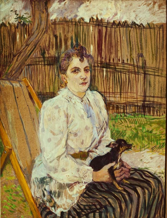 Henri de Toulouse-Lautrec Frau mit Hund, Madame Fabre in Arcachon Kunstkopie, Frau mit kleinem Hund im Gartenstuhl vor Zaun