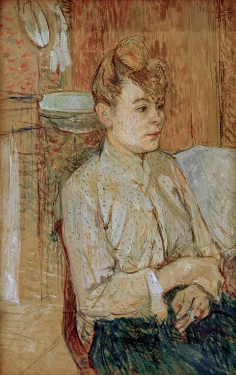 Henri de Toulouse-Lautrec Frau mit Zigarette Kunstkopie, sitzende Frau in getupfter Bluse vor rotbraunem Interieur