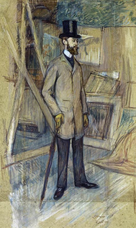 Henri de Toulouse-Lautrec Georges-Henri Manuel im Atelier Kunstkopie, bärtiger Mann mit Zylinder und Schirm vor Bildern