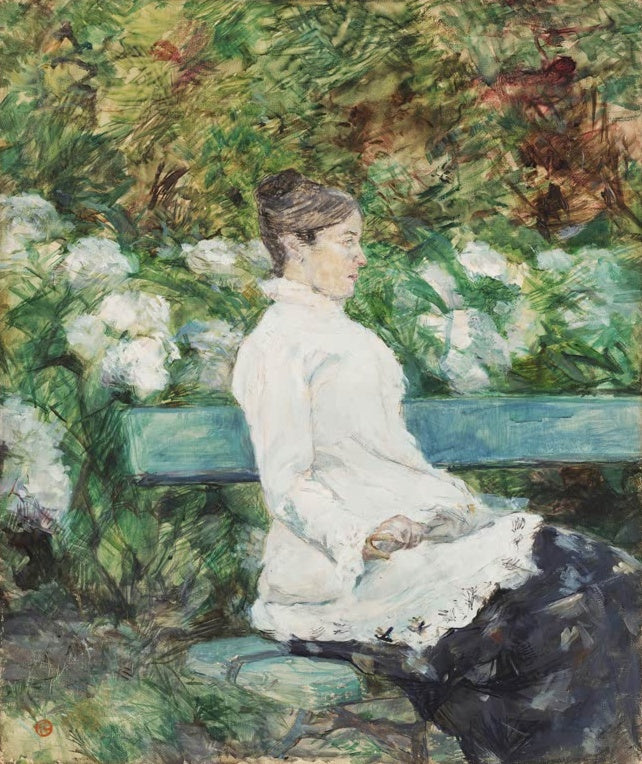 Henri de Toulouse-Lautrec Gräfin Adèle im Garten von Malromé Kunstkopie, Frau in weißer Bluse auf grüner Bank vor Hortensien