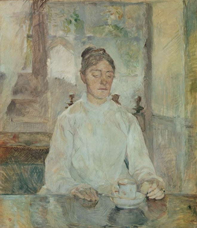 Henri de Toulouse-Lautrec Gräfin Adèle beim Frühstück Kunstkopie, Frau in heller Bluse mit Tasse am Tisch vor Fenster