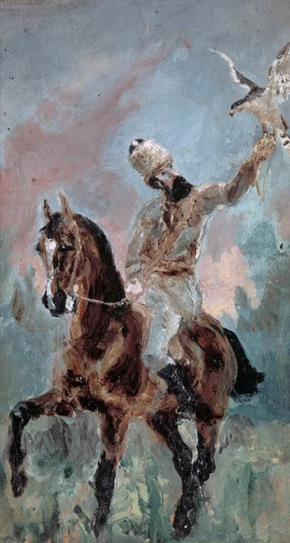 Henri de Toulouse-Lautrec Graf Alphonse als Falkner Kunstkopie, Reiter mit Falke auf braunem Pferd vor bewegtem Himmel
