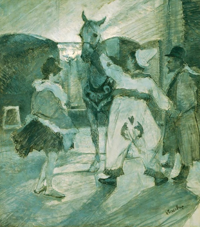 Henri de Toulouse-Lautrec Hinter den Kulissen im Zirkus Kunstkopie, Clown, Artistin und Pferd in blaugrünem Licht