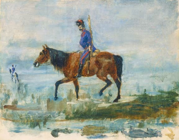 Henri de Toulouse-Lautrec Husaren Kunstkopie, Reiter in blauer Uniform auf braunem Pferd vor hellem Himmel