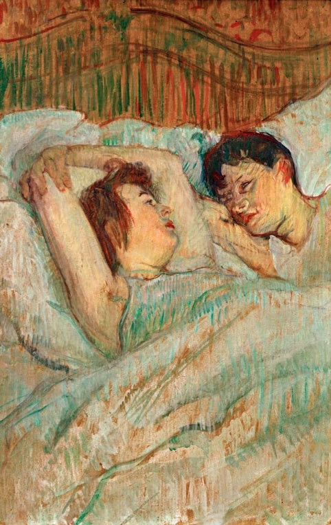 Henri de Toulouse-Lautrec Im Bett Kunstkopie, zwei Frauen liegen einander zugewandt unter hellgrünen Decken