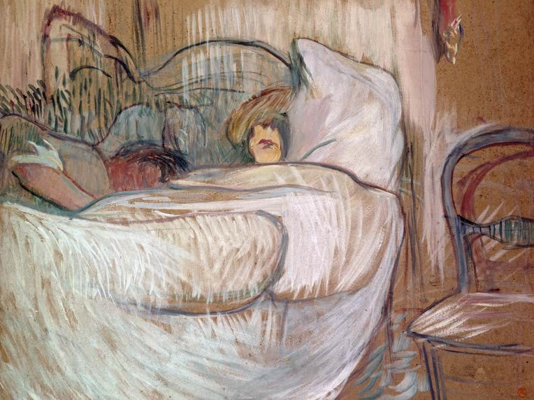 Henri de Toulouse-Lautrec Im Bett Kunstkopie, zwei Frauen unter einer weißen Decke auf ockerfarbenem Karton mit Stuhl