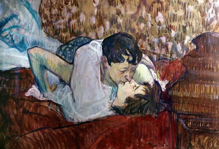 Henri de Toulouse-Lautrec Im Bett: Der Kuss Kunstkopie, Paar küsst sich im Bett mit rotem Deckbett und Kopfteil